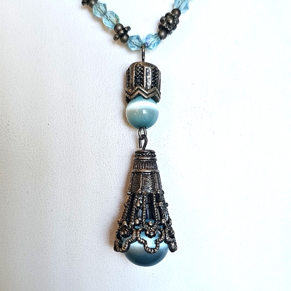 Vintage Aquamarine & Dragon Vein Agate Handcrafted Design Pendant Necklace. - Picture 2 of 7